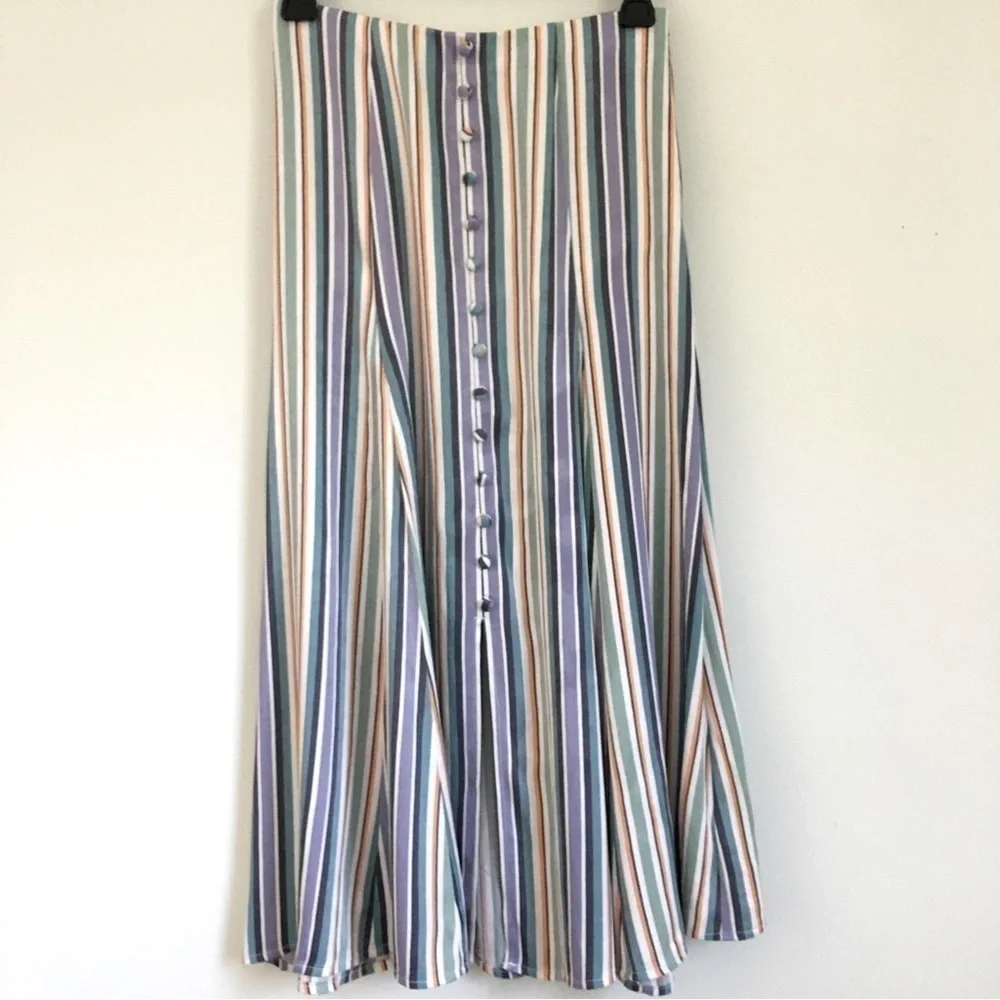 Anthropologie Maeve Silky Freya striped Freya Button lagenlook Midi Skirt 0/W26